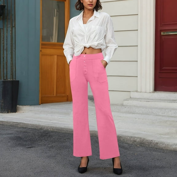 qolati Work Pants Women High Waisted Elastic Lounge Palazzo Pants Casual Straight Leg Stretchy Button Business Dress Pocket Trousers Pink XXL