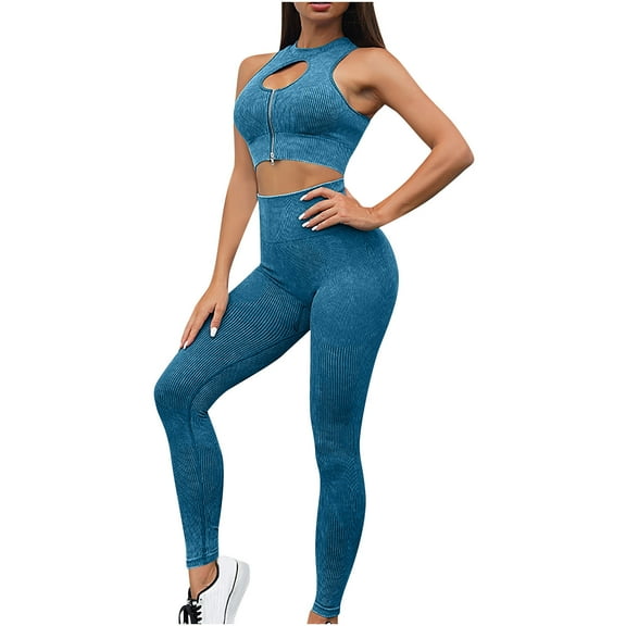 qolati Workout Sets for Women High Waisted Leggings with Hollow Out Zipper Sports Tank Tops 2 Piece Outfits Yoga Gym ClothesBlue S 4