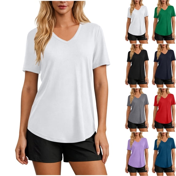 qolati Workout Tops for Women UPF 50+ Quick Dry Short Sleeve Sun Protection V Neck Shirts Lightweight Summer Curved Hem Basic Tee Shirt Navy S
