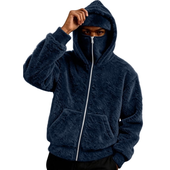 qolati Zip Up Hoodies for Men Fuzzy Sherpa Warm Face Mask Fall Winter Warm Coats Wind-Resistants Fleece Double Hooded Sweatshirts Jackets with Pocket, S-3XL