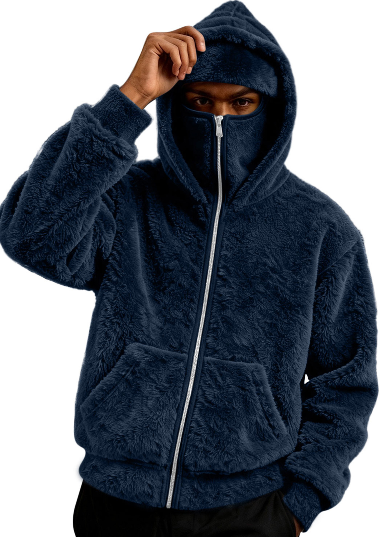 qolati Zip Up Hoodies for Men Fuzzy Sherpa Warm Face Mask Fall Winter Warm Coats Wind-Resistants Fleece Double Hooded Sweatshirts Jackets with Pocket, S-3XL