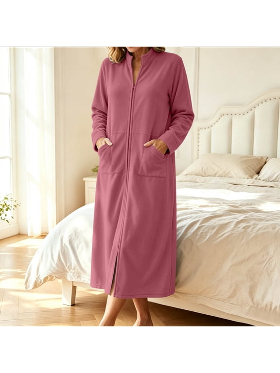 Zipper Front Robes for Women Soft Full Length Polar Fleece Long Sleeve Housecoat Fall Winter Lightweight Plush Bathrobe with Pockets Hot Pink XXL