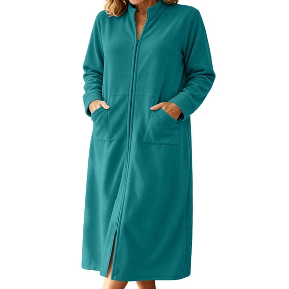 qolati Zipper Front Robes for Women Soft Full Length Polar Fleece Nightgown Fall Winter Long Sleeve House Coat Lightweight Stand Collar Plush Bathrobe with Pockets Green S