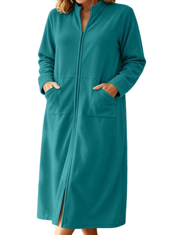 Zipper Front Robes for Women Soft Full Length Polar Fleece Nightgown Fall Winter Long Sleeve House Coat Lightweight Stand Collar Plush Bathrobe with Pockets Green S