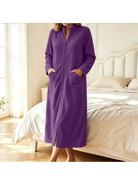 Zipper Front Robes for Women Soft Full Length Polar Fleece Long Sleeve Housecoat Fall Winter Lightweight Plush Bathrobe with Pockets Purple L