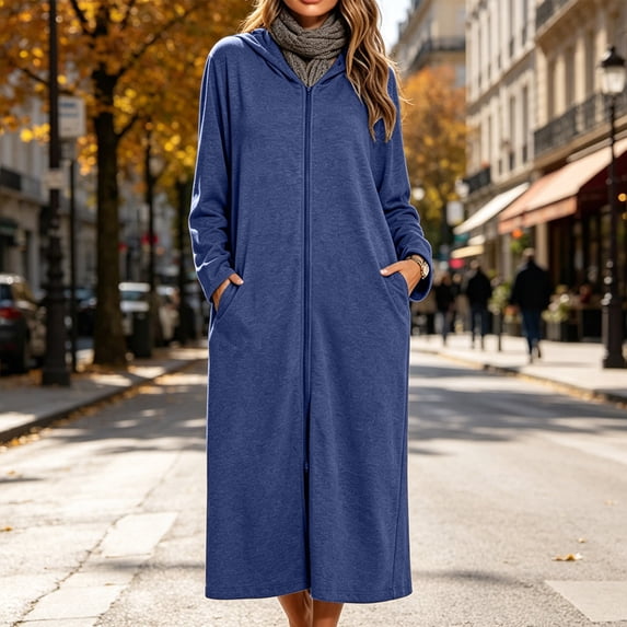 qolati Zipper Robes for Women Lightweight Long Sleeve Hooded House Coats with Pockets Comfy Full Length Bathrobe Loungewear S-3XL