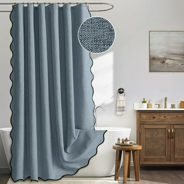 qtess A84" Long Scalloped Shower Curtain Linen Textured with 12 Metal Hooks Cute Extra Long Heavy Duty Washable Waterproof Cloth Shower Curtains with Black Border for Bathroom Hotel Bathtub,Khaki