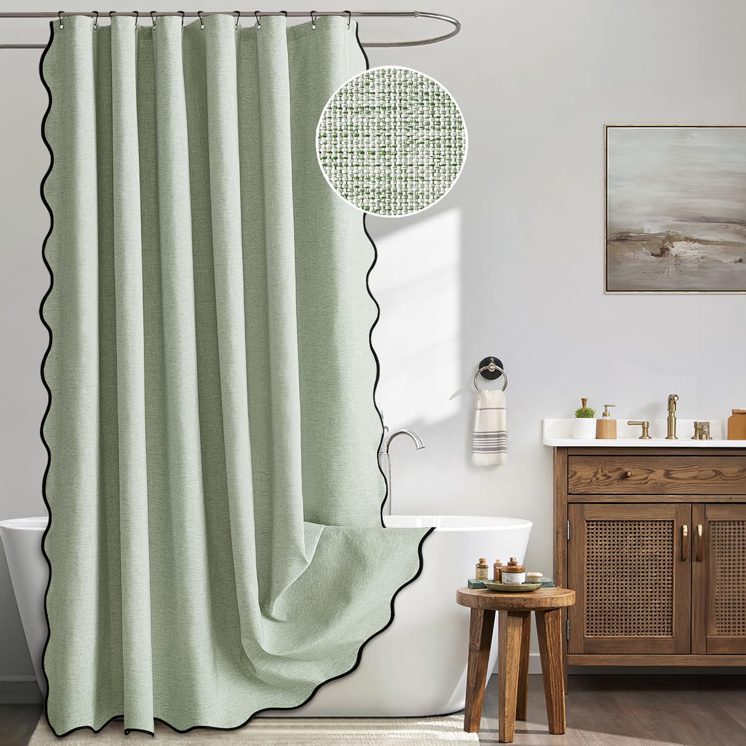 qtess A84" Long Scalloped Shower Curtain Linen Textured with 12 Metal