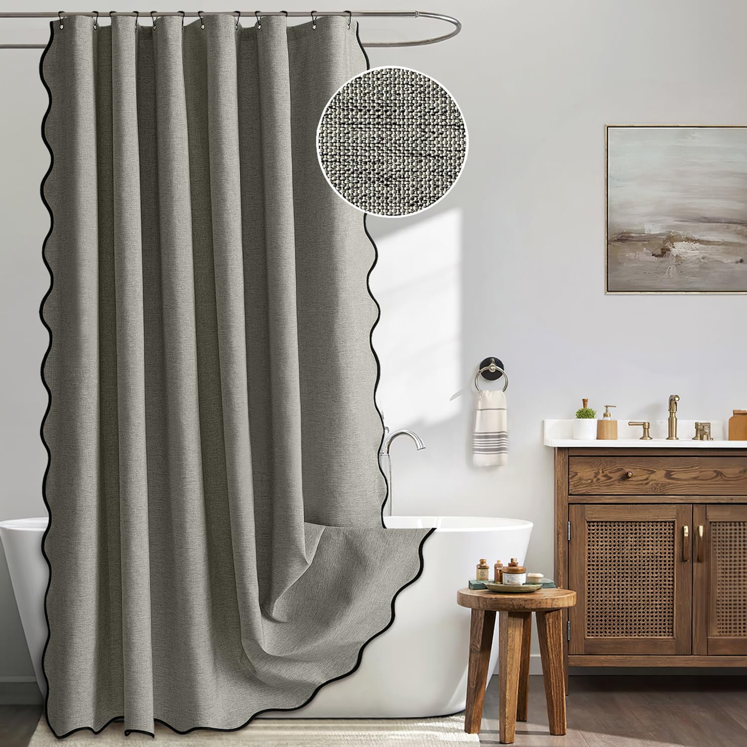 qtess A84" Long Scalloped Shower Curtain Linen Textured with 12 Metal Hooks Cute Extra Long Heavy Duty Washable Waterproof Cloth Shower Curtains with Black Border for Bathroom Hotel Bathtub,Khaki