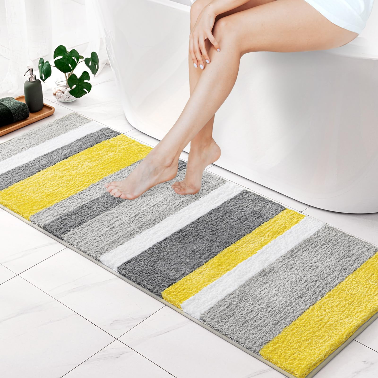 qtess Fluffy Bathroom Rugs Bath Mats Rugs Microfiber Striped Shower Rug Absorbent, Soft and Plush Machine Washable Non Slip Carpet Quick Dry for Bathroom Floor Tub, 16x24 Inch, Yellow-Grey
