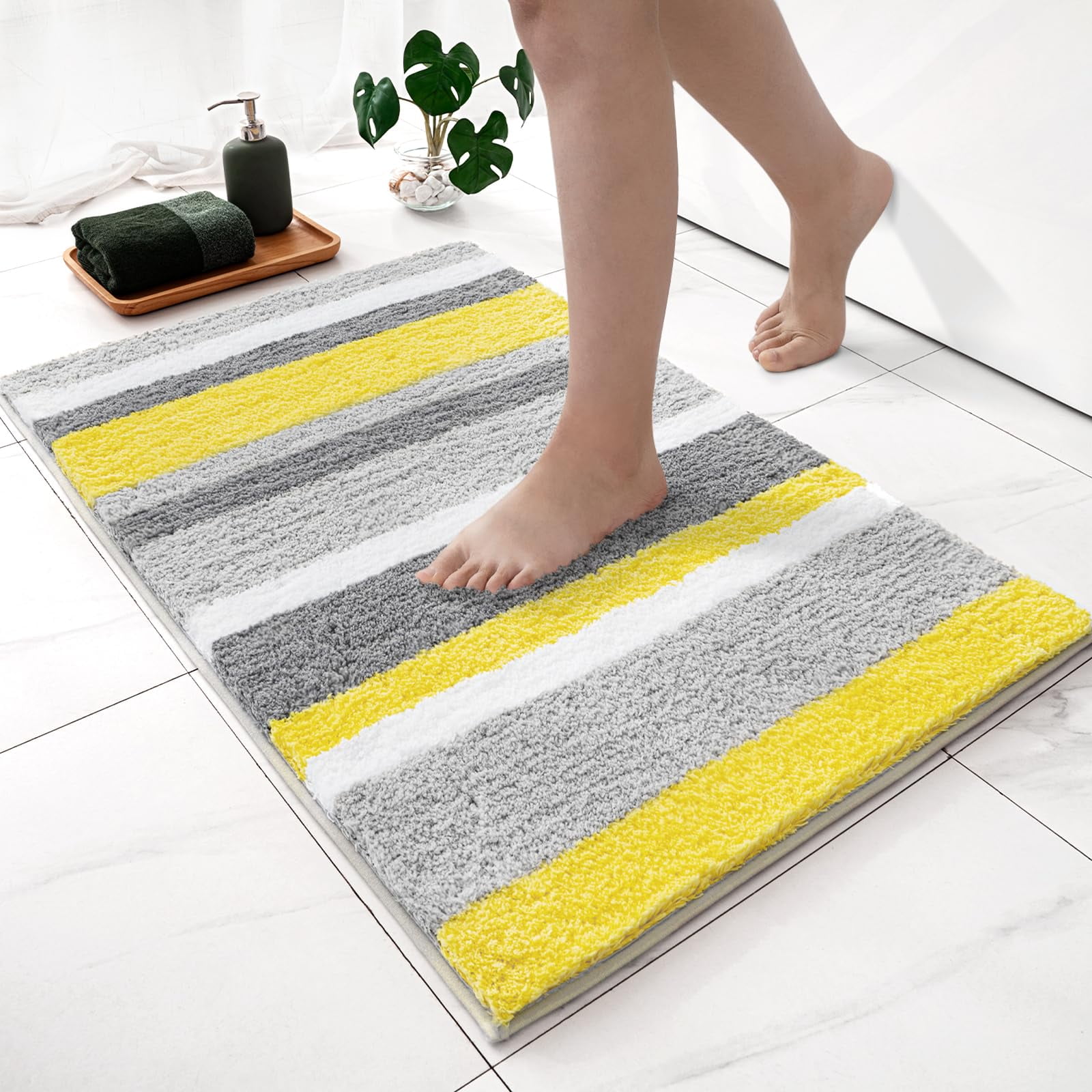 qtess Fluffy Bathroom Rugs Bath Mats Rugs Microfiber Striped Shower Rug Absorbent, Soft and Plush Machine Washable Non Slip Carpet Quick Dry for Bathroom Floor Tub, 16x24 Inch, Yellow-Grey