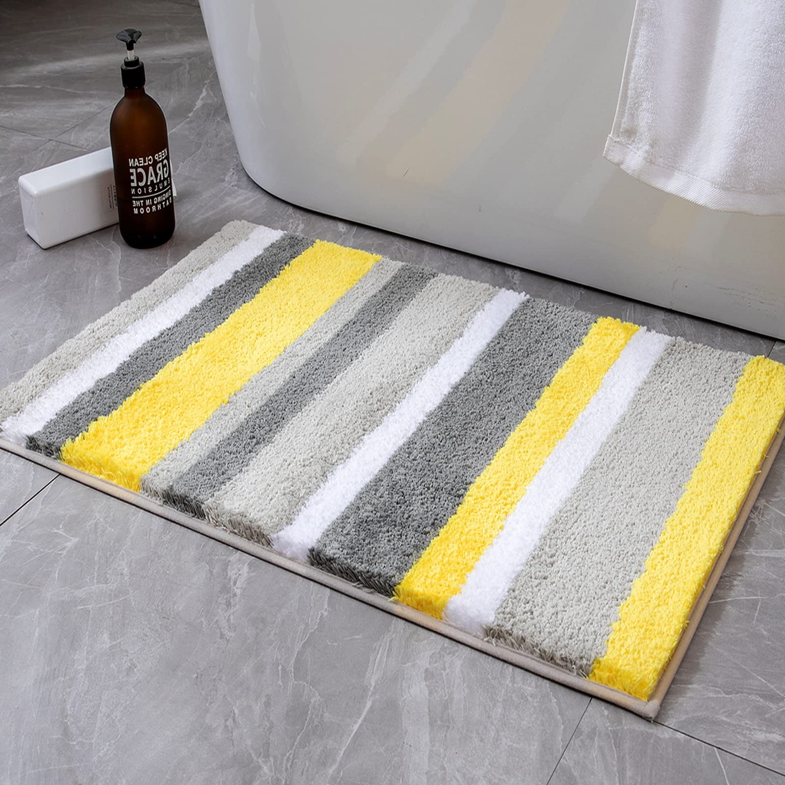 qtess Fluffy Bathroom Rugs Bath Mats Rugs Microfiber Striped Shower Rug Absorbent, Soft and Plush Machine Washable Non Slip Carpet Quick Dry for Bathroom Floor Tub, 16x24 Inch, Yellow-Grey