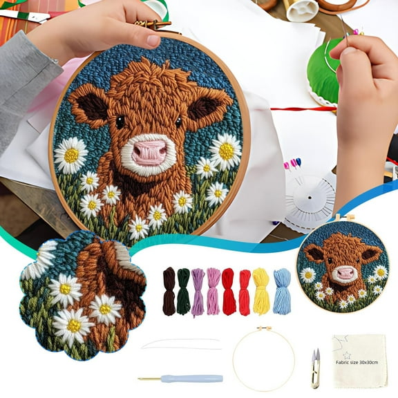 quanjun DIY Punch Needle Kits for Beginners,Cute Cartoon Highland Cow with Hoop Embroidery Punch Needle Starter Craft Set,Easy for Adults and Children Festival Gift and Decoration 7 Inch
