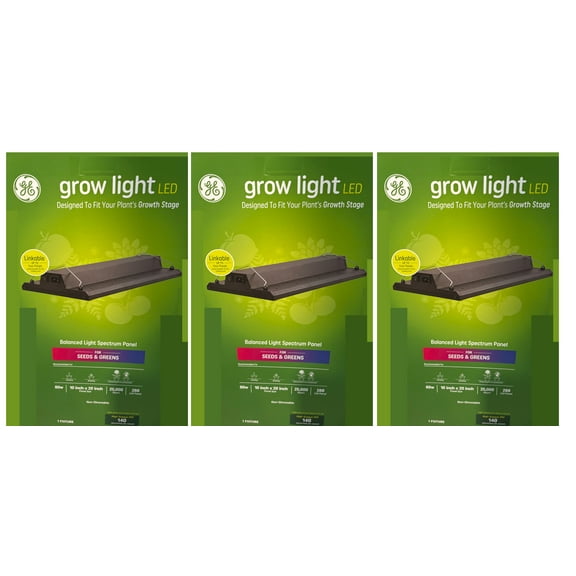 (quantity of 3) GE grow light LED for Seeds and Greens, balanced light spectrum, 10 inch x 20 inch LED panel, 80 watt, High Output 140 PPF (includes linking cord)