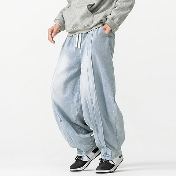 qucoqp Mens Plus Size Vintage Jeans Fashion Straight Wide Leg Denim Pants Casual Stretch Loose Fit Trousers with Pockets