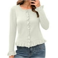 thumbnail image 1 of qucoqpe Basic Button Down Knit Sweaters Trendy Crew Neck Long Sleeve Ruffle Cardigan Sweater, 1 of 5