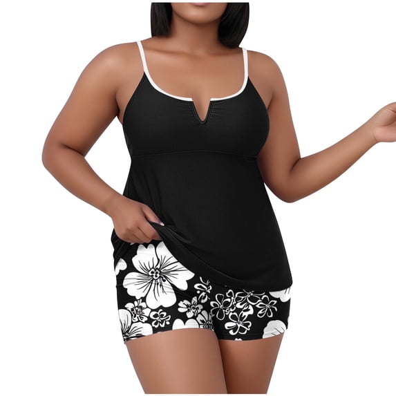 qucoqpe Plus Size Tankini Swimsuits for Women Fashion Floral Printed Two Piece Modest Bathing Suits Beach Holiday Swimwear with Boyshorts
