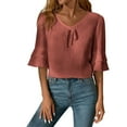 thumbnail image 1 of qucoqpe Blouses for Women Dressy Casual Tie Front Short Ruffle Sleeve Boho Tops Summer Fashion V Neck Loose Fit T-Shirt, 1 of 9