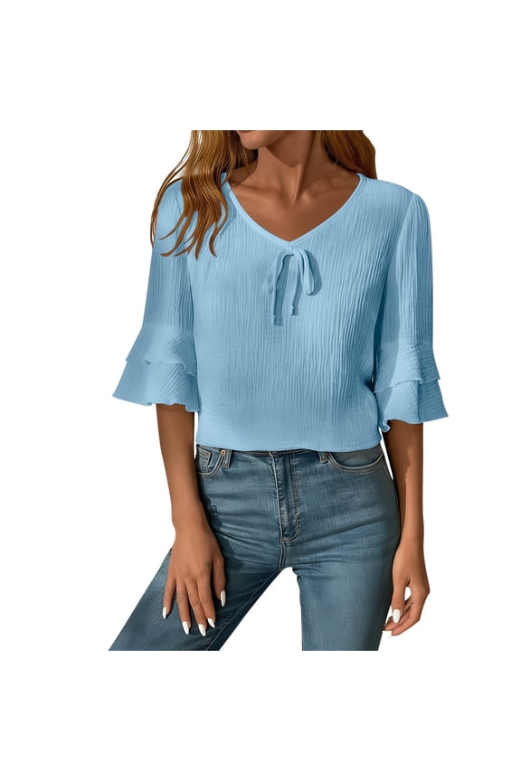 Blouses for Women Dressy Casual Tie Front Short Ruffle Sleeve Boho Tops Summer Fashion V Neck Loose Fit T-Shirt