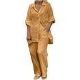 thumbnail image 1 of qucoqpe Casual 2 Piece Outfit for Women - Linen Long Sleeve Button Down Shirt + Flare Wide Leg Pants Sets Streetwear, 1 of 4