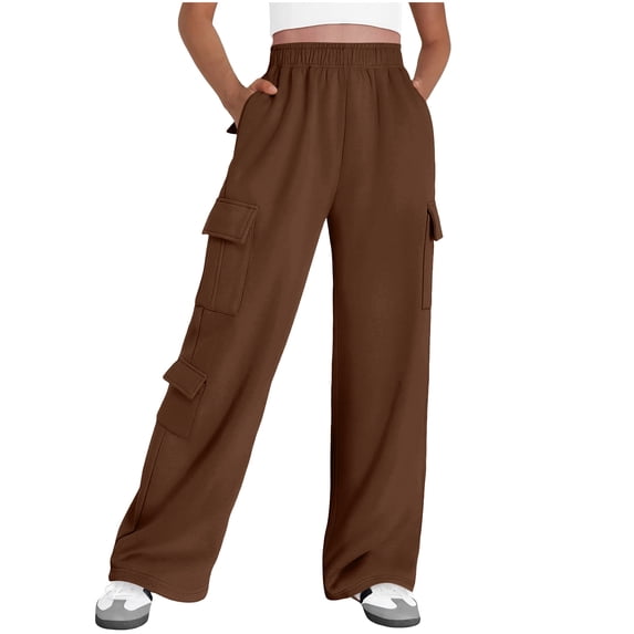 qucoqpe Casual Workwear Sweatpants for Teen Girl Elastic Comfy Waist Wide Leg Multi-pocet Women's Cargo Pants