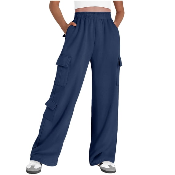 qucoqpe Casual Workwear Sweatpants for Teen Girl Elastic Comfy Waist Wide Leg Multi-pocet Women's Cargo Pants