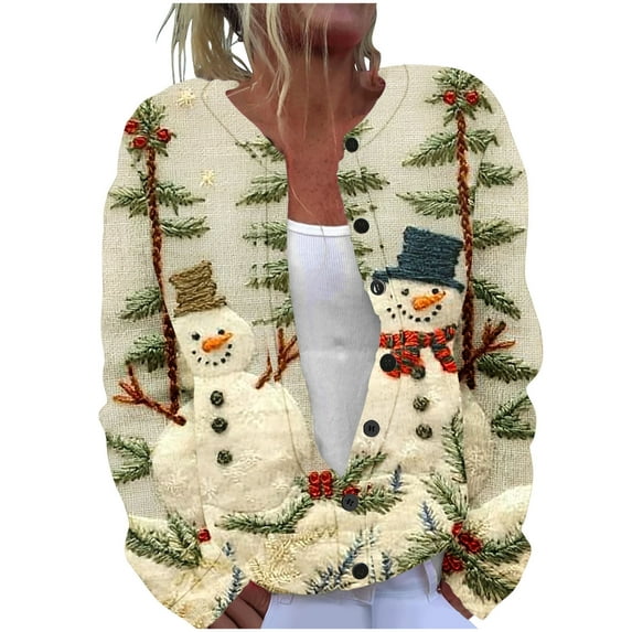 qucoqpe Christmas Print Cardigan Sweaters for Women Casual Vintage Long Sleeve Knit Sweatshirt Button Down Jackets Coat