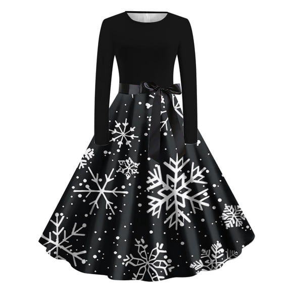 qucoqpe Christmas Print Dresses for Women Round Neck Long Sleeves Belt Flowy Maxi Dress Loose Holiday Party Flare Gown A-Line Dress