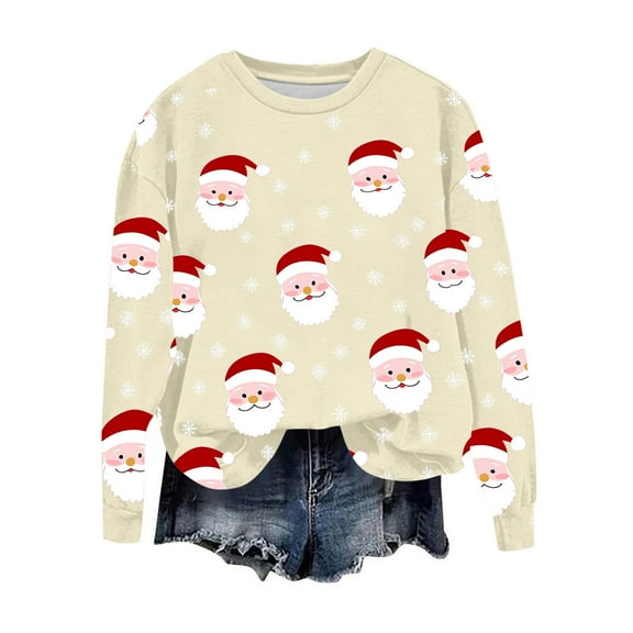 qucoqpe Christmas Pullovers for Women 2025 Fall Winter Fashion Santa Claus Printed Crewneck Long Sleeve Oversized Sweatshirts Tops All Season Outfits