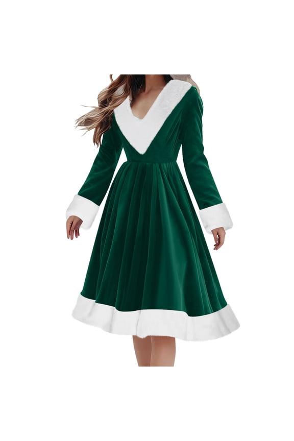 Christmas Santa Dress Vintage V Neck Long Sleeve Pleated Midi Dresses Fall Winter Fashion Fuzzy Plushy Party Costume