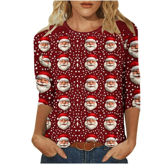 qucoqpe Christmas Shirts for Women 2025 Christmas Tree Printed 3/4 Sleeve Plus Size T-shirt Round Neck Causal Loose Blouse Tops