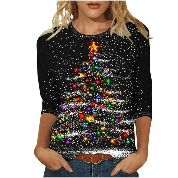 qucoqpe Christmas Shirts for Women 2025 Christmas Tree Printed 3/4 Sleeve Plus Size T-shirt Round Neck Causal Loose Blouse Tops