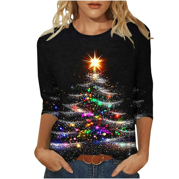 qucoqpe Christmas Shirts for Women 2025 Christmas Tree Printed 3/4 Sleeve Plus Size T-shirt Round Neck Causal Loose Blouse Tops