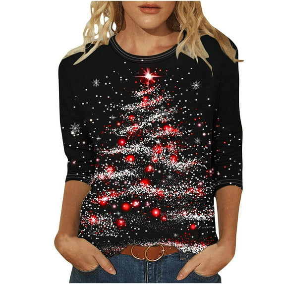qucoqpe Christmas Shirts for Women 2025 Christmas Tree Printed 3/4 Sleeve Plus Size T-shirt Round Neck Causal Loose Blouse Tops