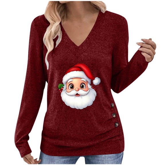 qucoqpe Christmas Shirts for Women Casual V-Neck Long Sleeve Holiday Tunic Tops Fashion Buttons Pullover Blouse