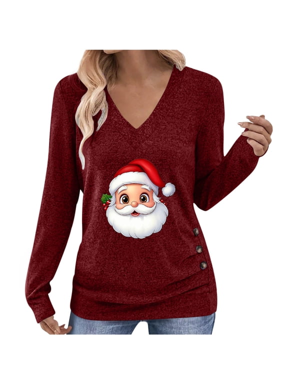 Christmas Shirts for Women Casual V-Neck Long Sleeve Holiday Tunic Tops Fashion Buttons Pullover Blouse