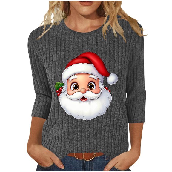 qucoqpe Christmas Shirts for Women, Women's Brushed Ribbed Knit Top, Christmas Print Loose Fit Round Neck 3/4 Sleeve Pullover