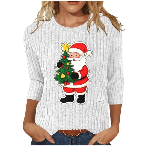qucoqpe Christmas Shirts for Women, Women's Brushed Ribbed Knit Top, Christmas Print Loose Fit Round Neck 3/4 Sleeve Pullover