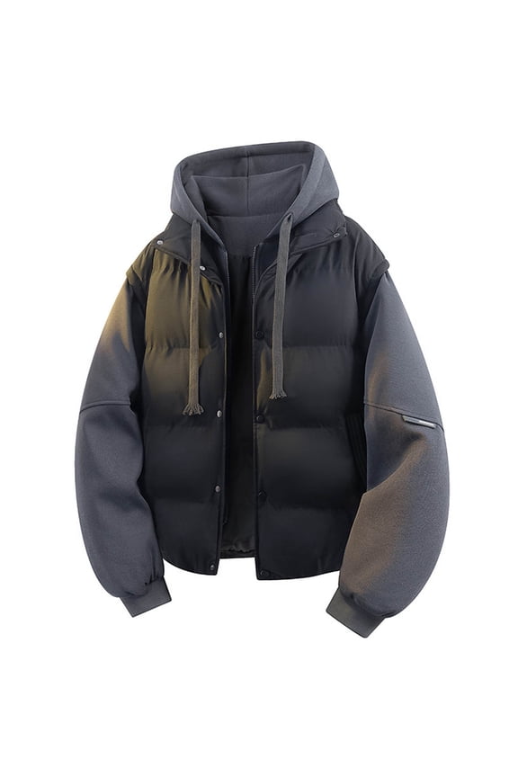 Coats for Men 2025 Fall Winter Fashion Casual Solid Long Sleeve Adjustable Drawstring Hooded Outerwear Fake Two-piece Zip & Button Up Jackets with Pockets