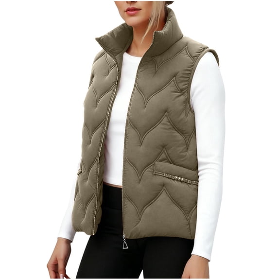 qucoqpe Coats for Women 2025 Winter Fashion Warm Solid Stand Collar Sleeveless Cardigan Parkas Coats Zip Up Causal Down Jackets with Flap Pockets