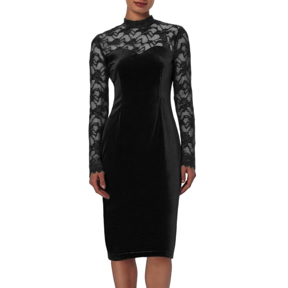 qucoqpe Cocktail Dresses for Women Fall Wedding Guest Long Sheer Sleeve Dresses Women's Lace Velvet Patchwork Bodycon Party Midi Dress