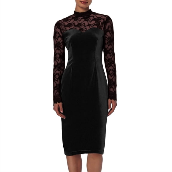 qucoqpe Cocktail Dresses for Women Fall Wedding Guest Long Sheer Sleeve Dresses Women's Lace Velvet Patchwork Bodycon Party Midi Dress