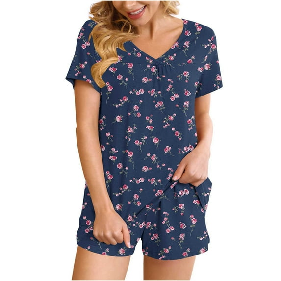 qucoqpe Comfy Lounge Sets for Women Fashion Floral Print Short Sleeve V-Neck Tops and Pockted Shorts Sets 2 Piece Casual Loose Pajamas for Women Set