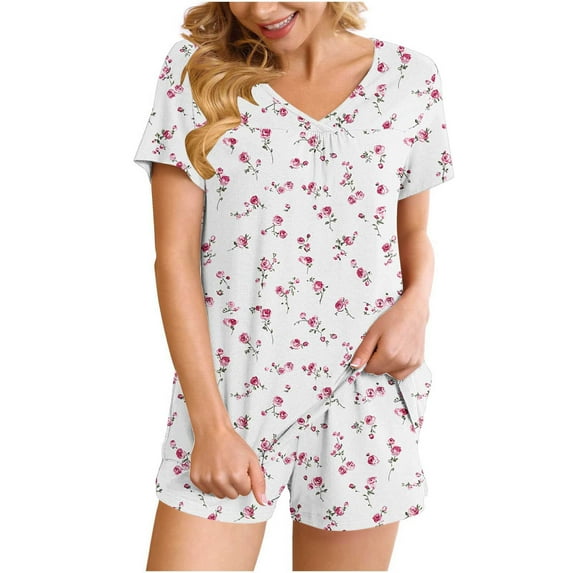 qucoqpe Comfy Lounge Sets for Women Fashion Floral Print Short Sleeve V-Neck Tops and Pockted Shorts Sets 2 Piece Casual Loose Pajamas for Women Set