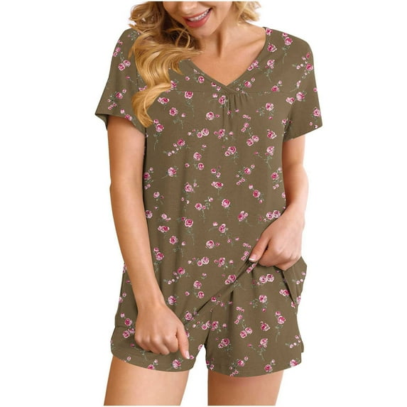 qucoqpe Comfy Lounge Sets for Women Fashion Floral Print Short Sleeve V-Neck Tops and Pockted Shorts Sets 2 Piece Casual Loose Pajamas for Women Set
