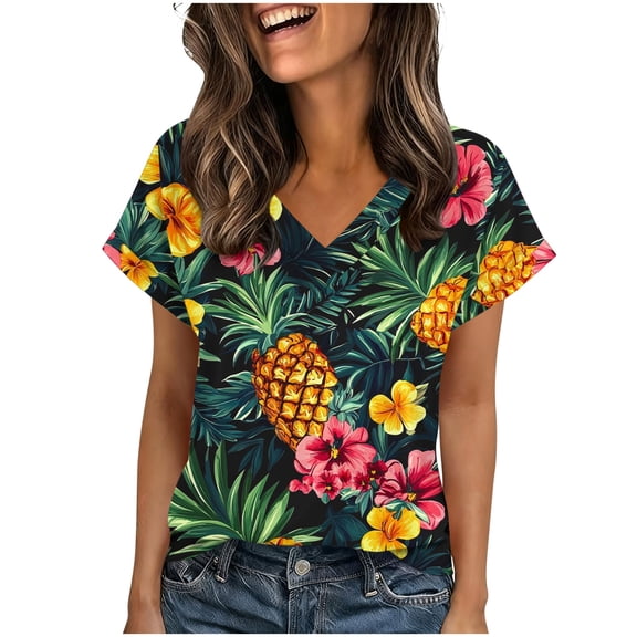 qucoqpe Womens Summer Tops Fashion Floral Printed Short Sleeve T Shirts Casual V Neck Cute Trendy Tunic Blouses