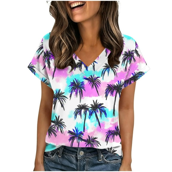 qucoqpe Womens Summer Tops Fashion Floral Printed Short Sleeve T Shirts Casual V Neck Cute Trendy Tunic Blouses