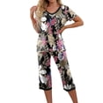 thumbnail image 1 of qucoqpe Comfy Lounge Sets for Women Short Sleeve V-Neck Tops and Floral Print Wide Leg Pants Loose Capri Pajama Set, 1 of 1