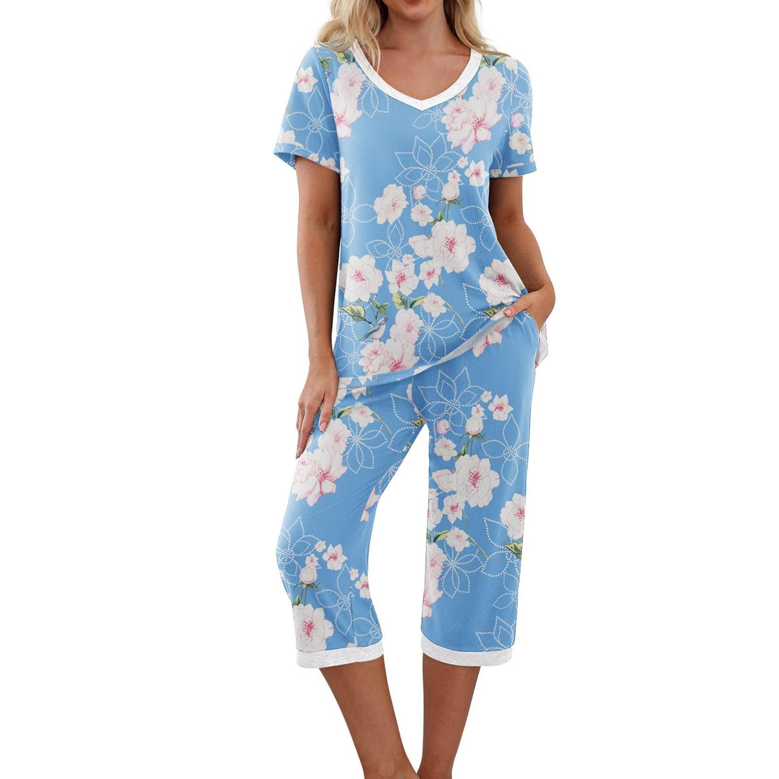 qucoqpe Comfy Lounge Sets for Women Short Sleeve V-Neck Tops and Floral Print Wide Leg Pants Loose Capri Pajama Set
