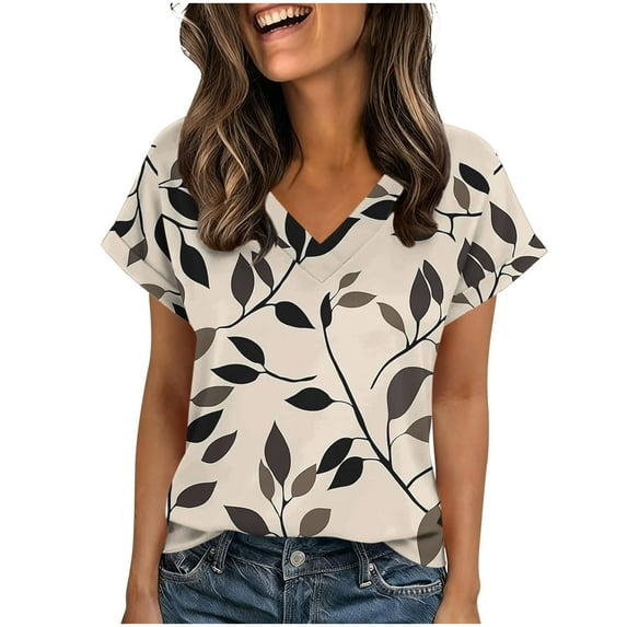 qucoqpe Womens Summer Tops Fashion Floral Printed Short Sleeve T Shirts Casual V Neck Cute Trendy Tunic Blouses